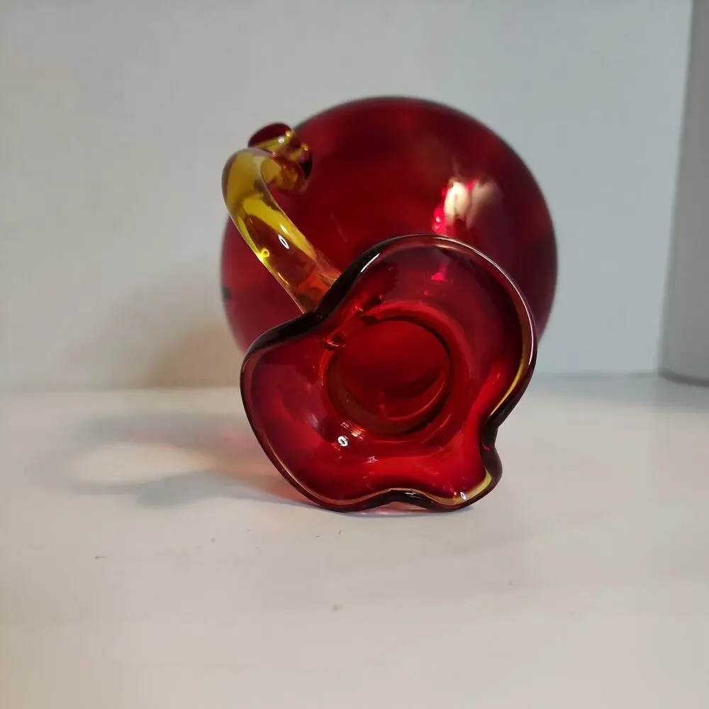 VTG Red Art Glass Optic Creamer Cruet Hand Blown Yellow Trim & Applied Handle